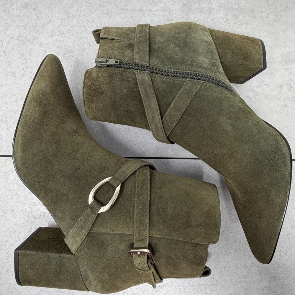 White House Black Market Olive Green Suede Ankle Boots Size 10 - Picture 3 of 12